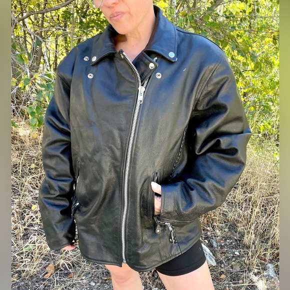 Vintage Retro Y2K Black Leather Motorcycle Riding Jacket With Removable Lining - Picture 12 of 12